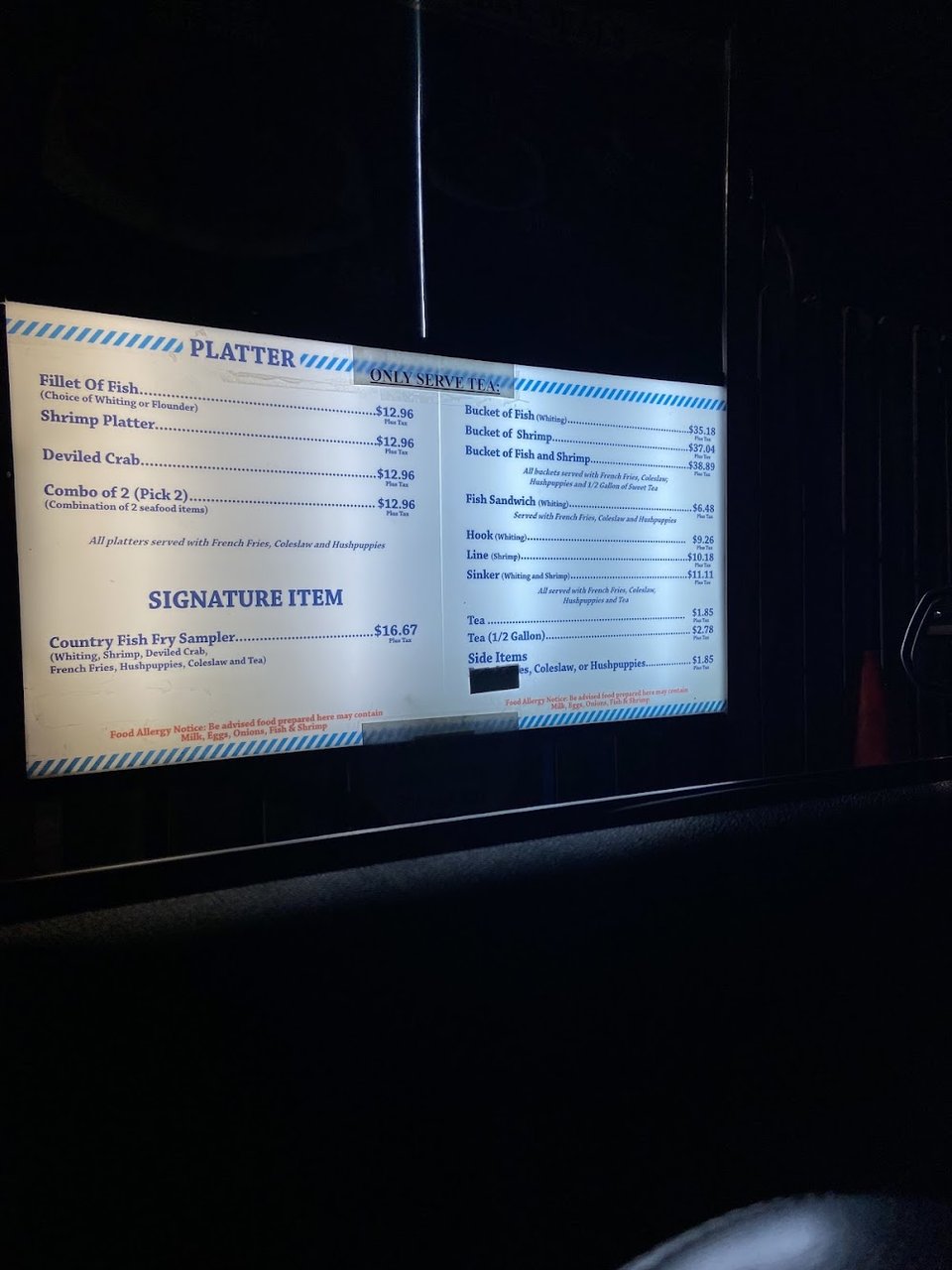 Menu board for fried fish and seafood plates.