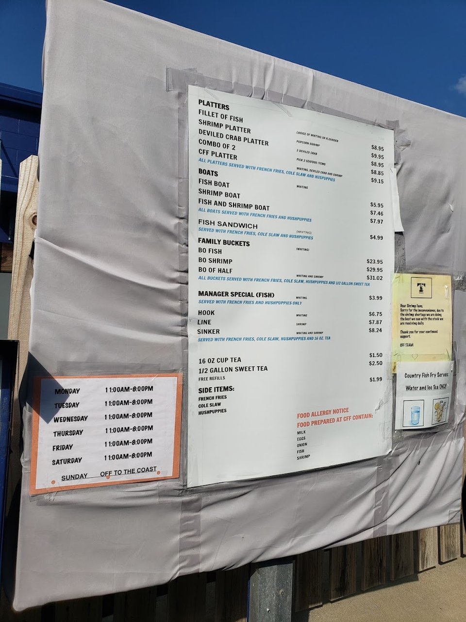 Printed menu showing seafood restaurant specials.